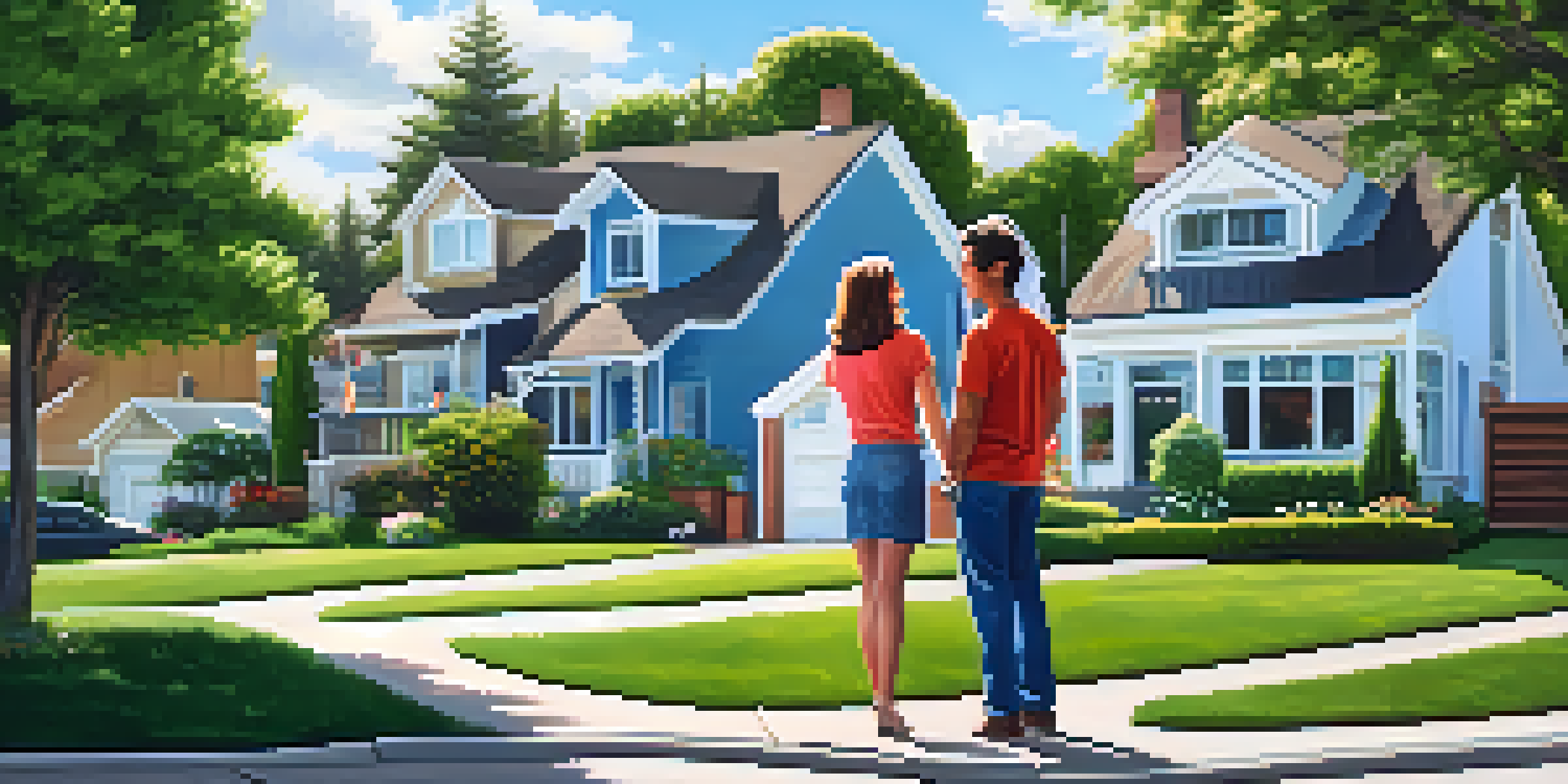 A young couple stands in front of a real estate sign in a sunny suburban neighborhood with various houses and greenery.