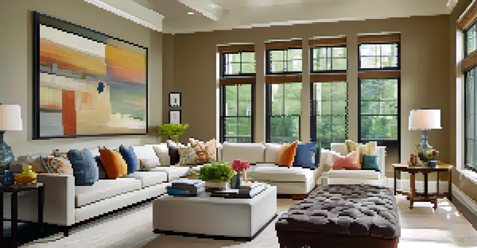 An airy family room with a sectional sofa and coffee table, designed for family interaction, filled with natural light and colorful artwork.