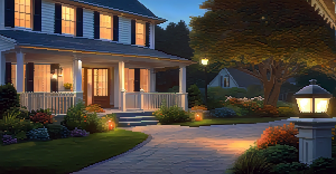 A cozy front yard with motion sensor lights illuminating a pathway to a front door at dusk, surrounded by greenery.
