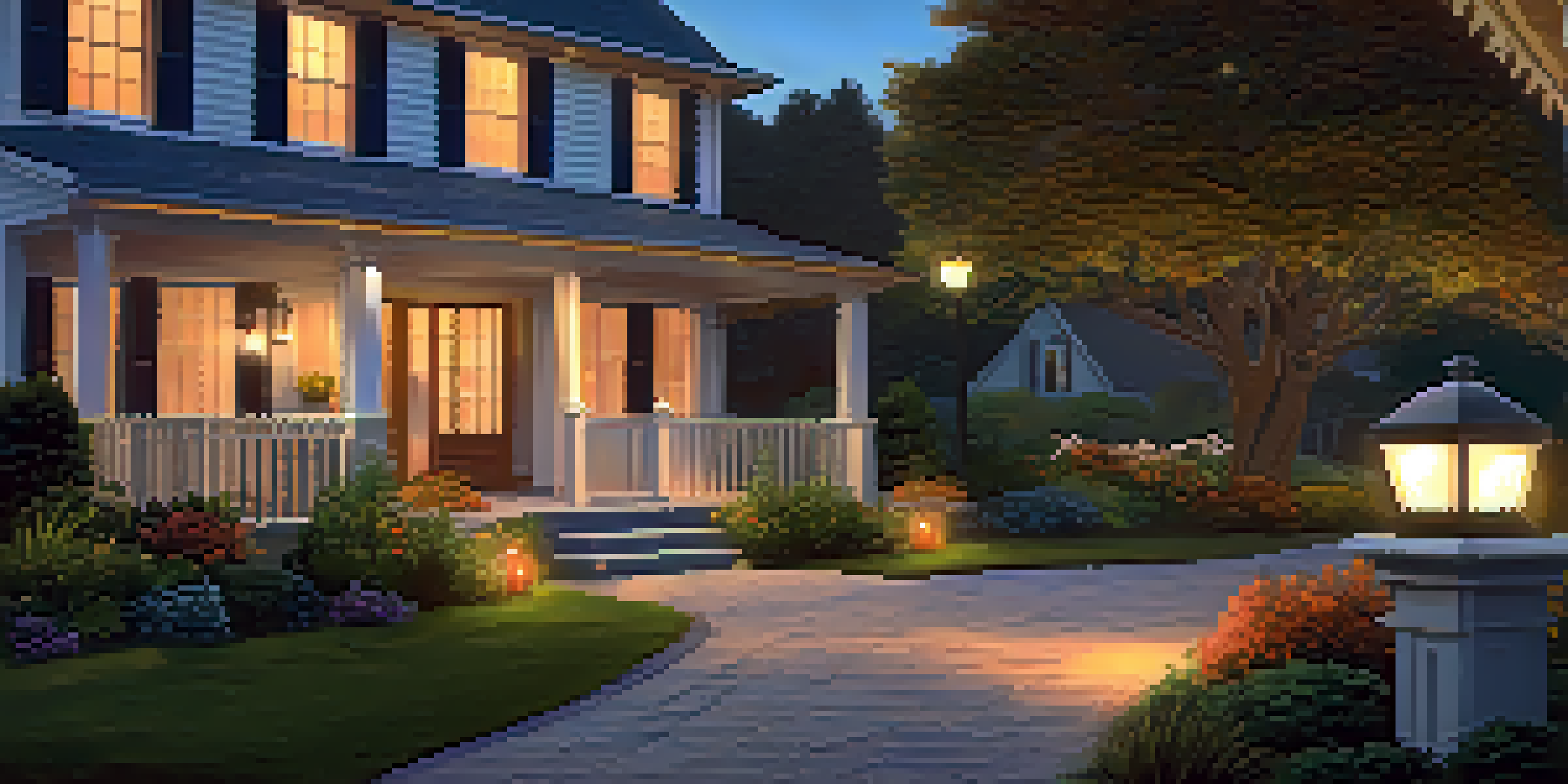 A cozy front yard with motion sensor lights illuminating a pathway to a front door at dusk, surrounded by greenery.