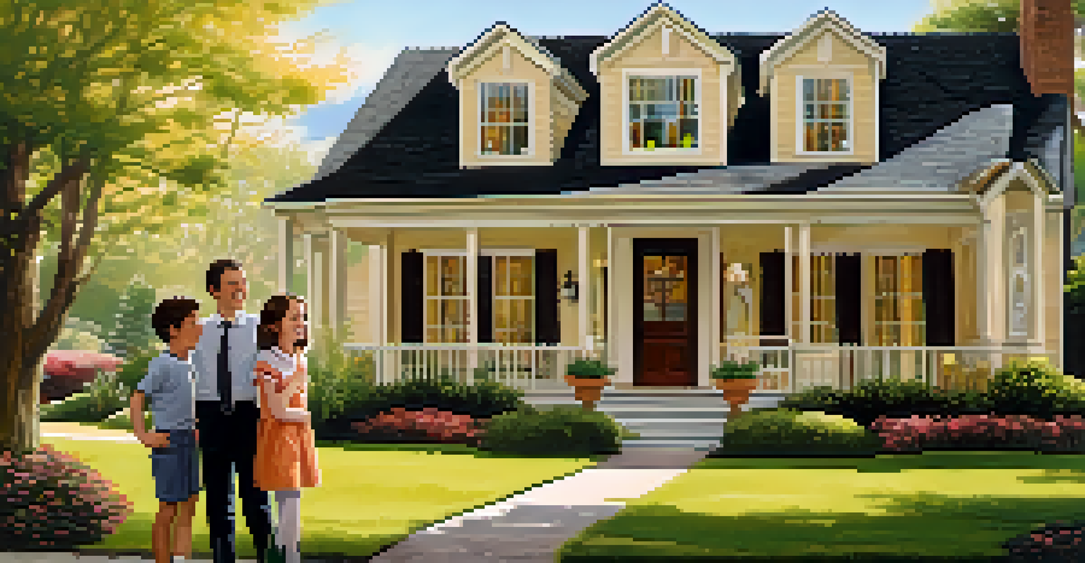 A real estate agent showing a house to a family in a sunny outdoor setting, with a garden surrounding the property.