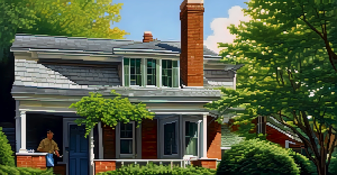 A homeowner inspecting gutters from a ladder, with bright green trees in the background and sunlight filtering through the leaves.