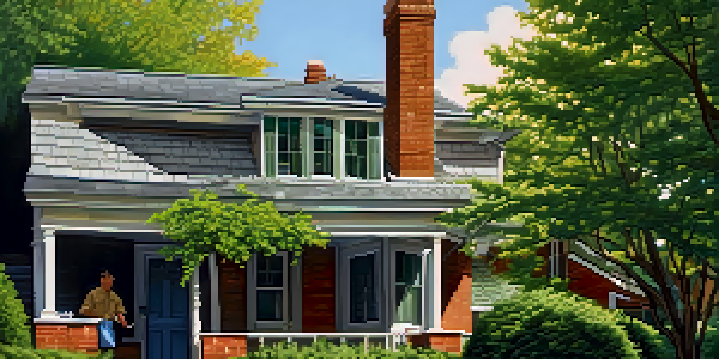 A homeowner inspecting gutters from a ladder, with bright green trees in the background and sunlight filtering through the leaves.