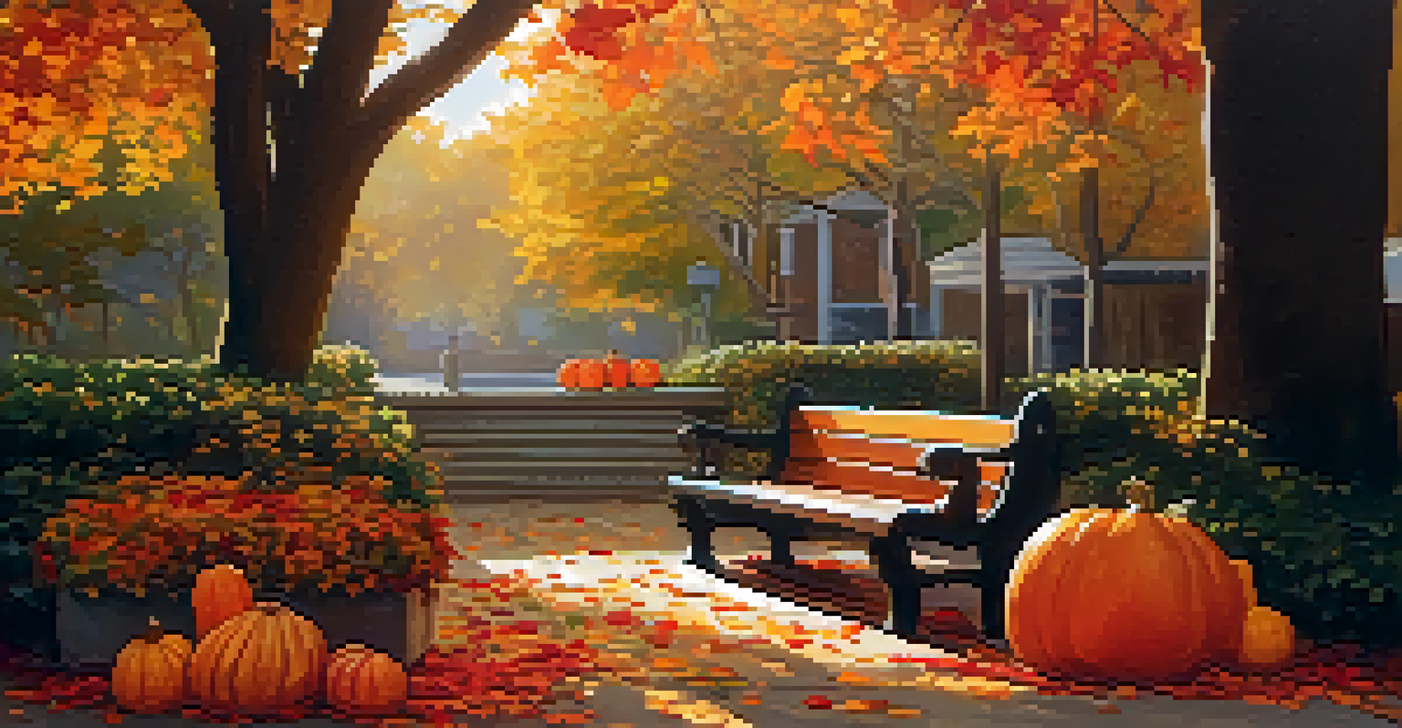 A cozy outdoor seating area surrounded by colorful autumn leaves and a decorative pumpkin.