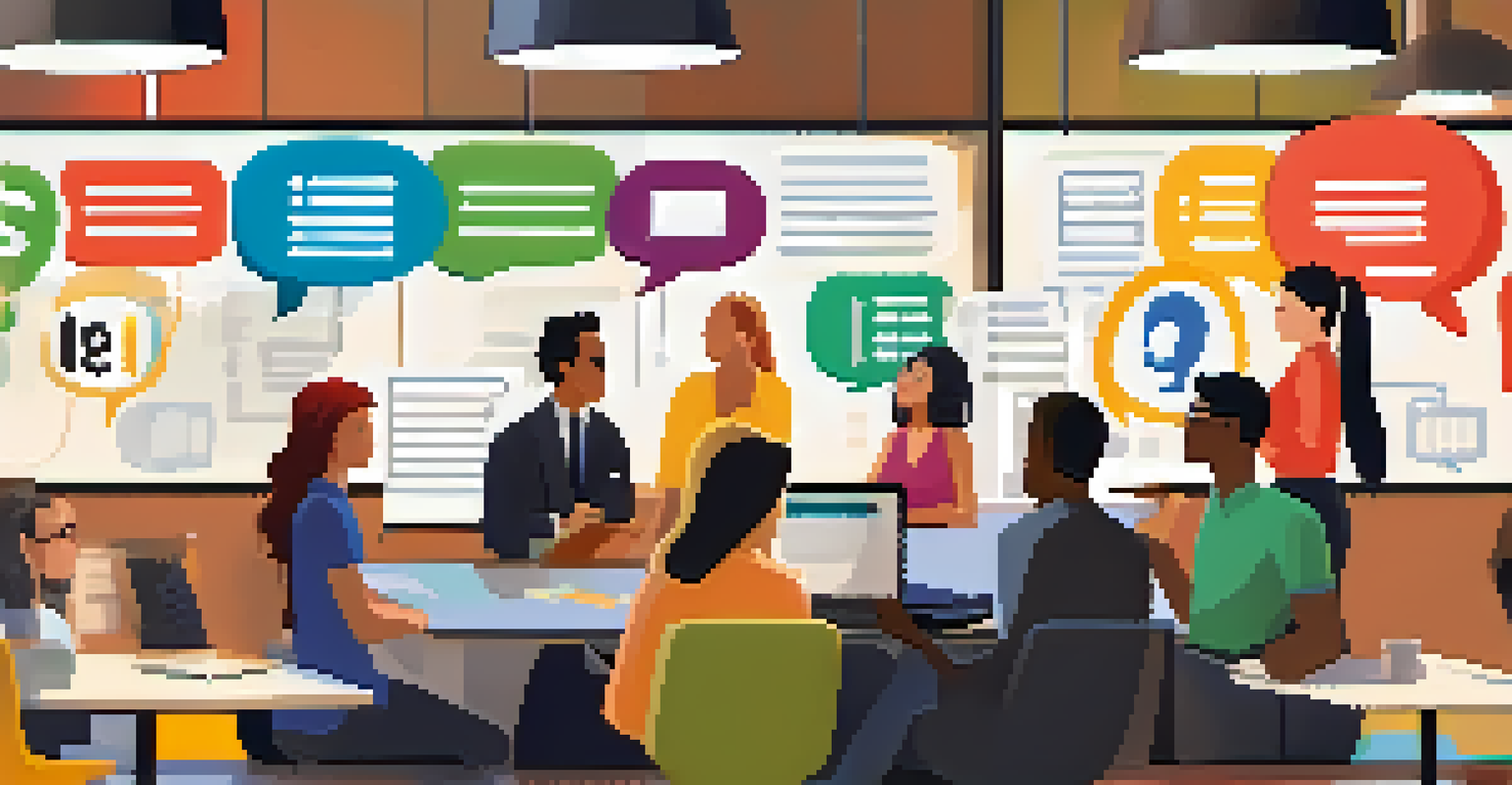 Diverse individuals providing feedback on a laptop screen, with colorful speech bubbles in a modern office environment.