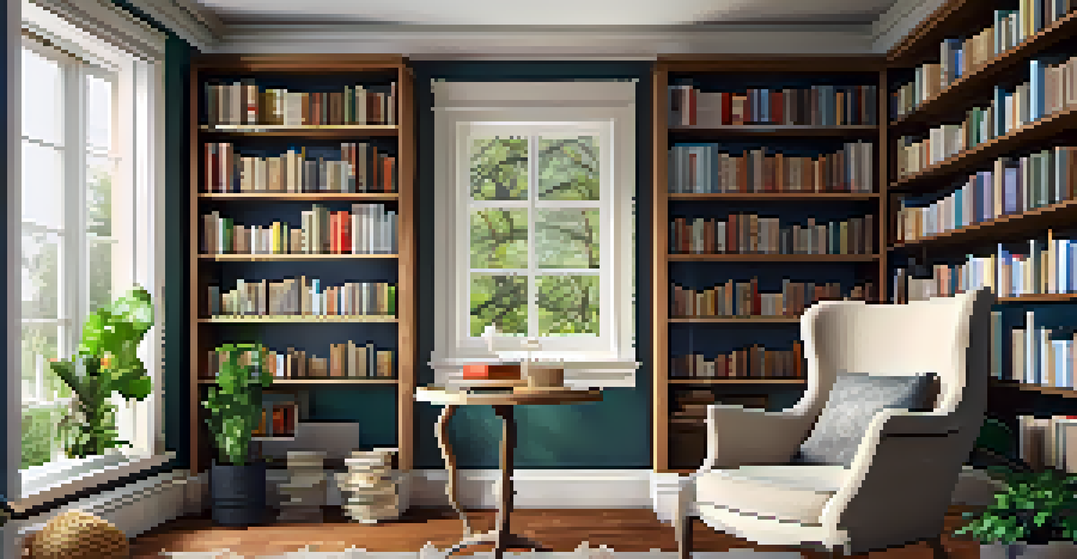 A cozy reading nook in a home office with an armchair, bookshelves, and a view of a garden.