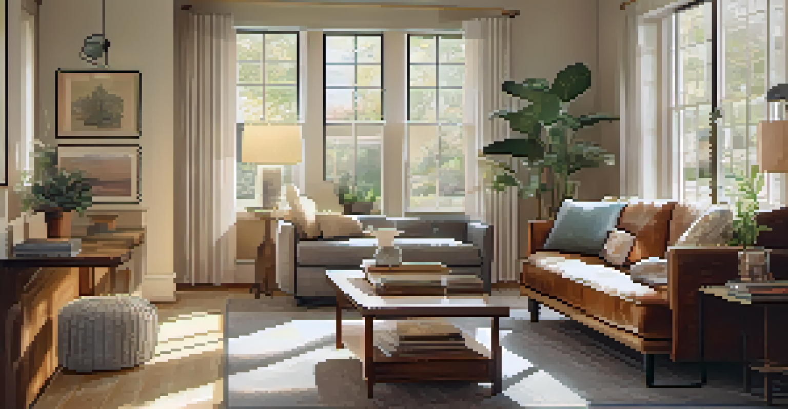 A tidy living room with a clean coffee table and bright sunlight streaming through the windows.
