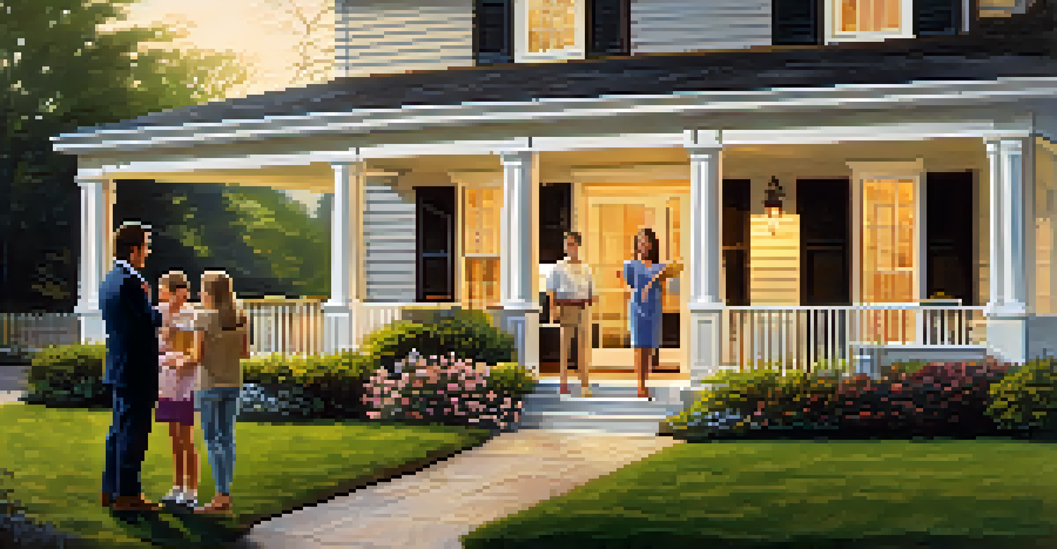 A real estate agent presenting a family with a charming home, emphasizing trust and excitement in a sunlit setting.