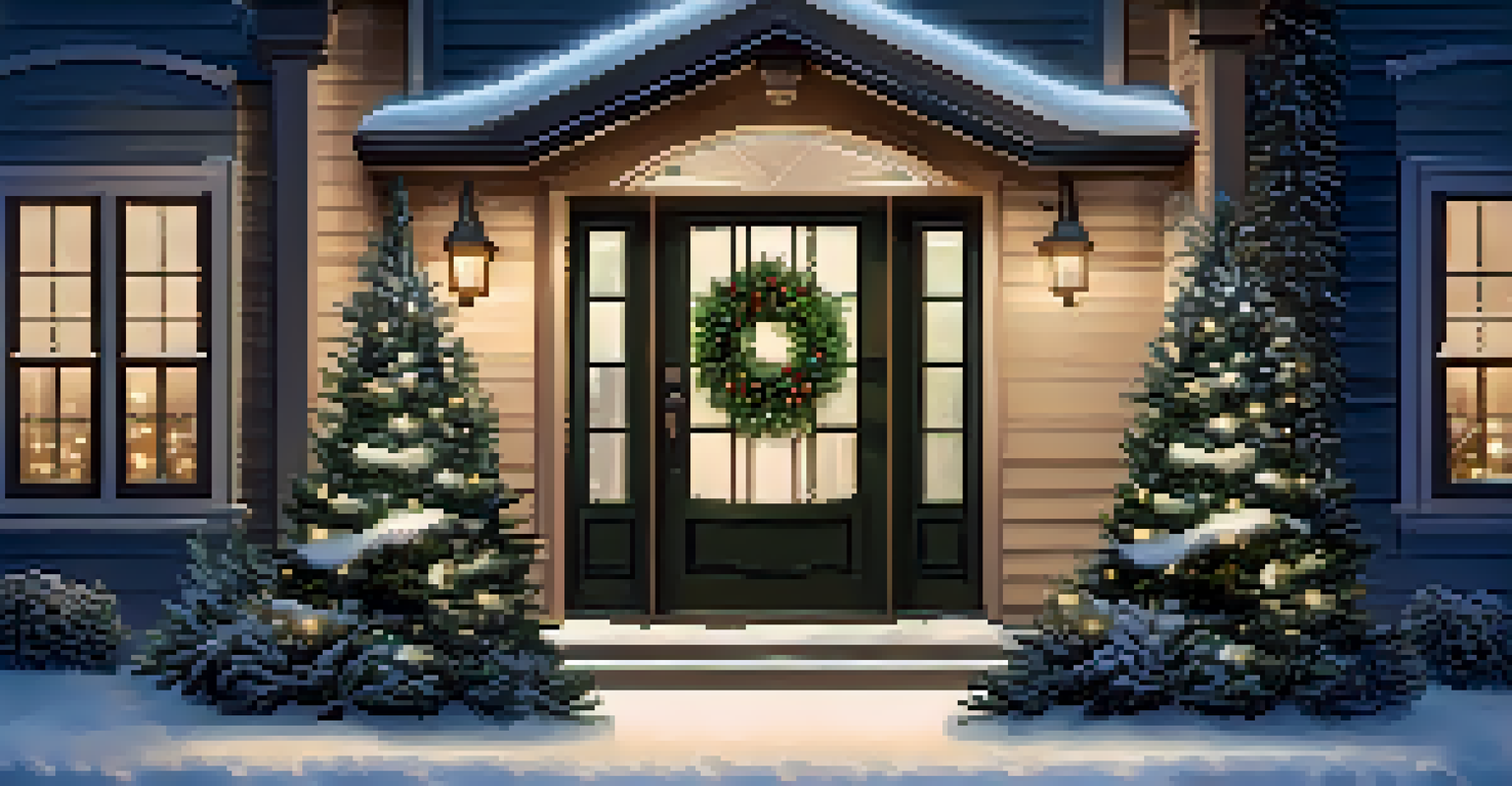 A winter entryway with a pinecone wreath and fairy lights, with snow visible outside.