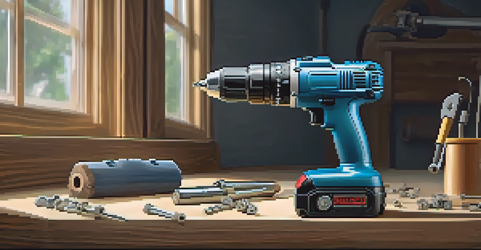 A close-up of a cordless drill and safety goggles on a wooden table, with scattered screws in the background.