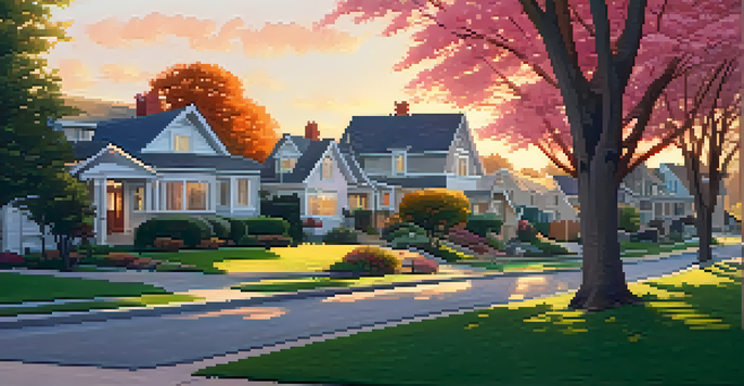 A peaceful suburban neighborhood with charming houses, blooming flowers, and trees during sunset.