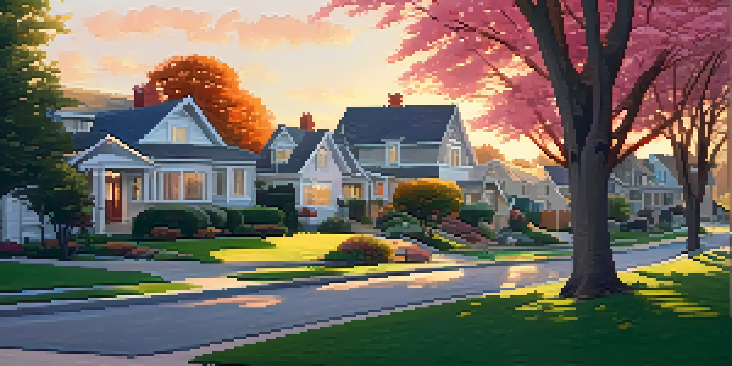 A peaceful suburban neighborhood with charming houses, blooming flowers, and trees during sunset.