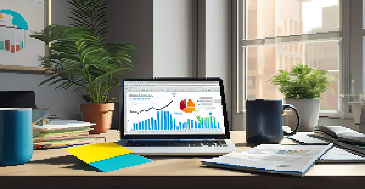 A workspace with a laptop showing real estate graphs, surrounded by notes, a coffee cup, and a plant.