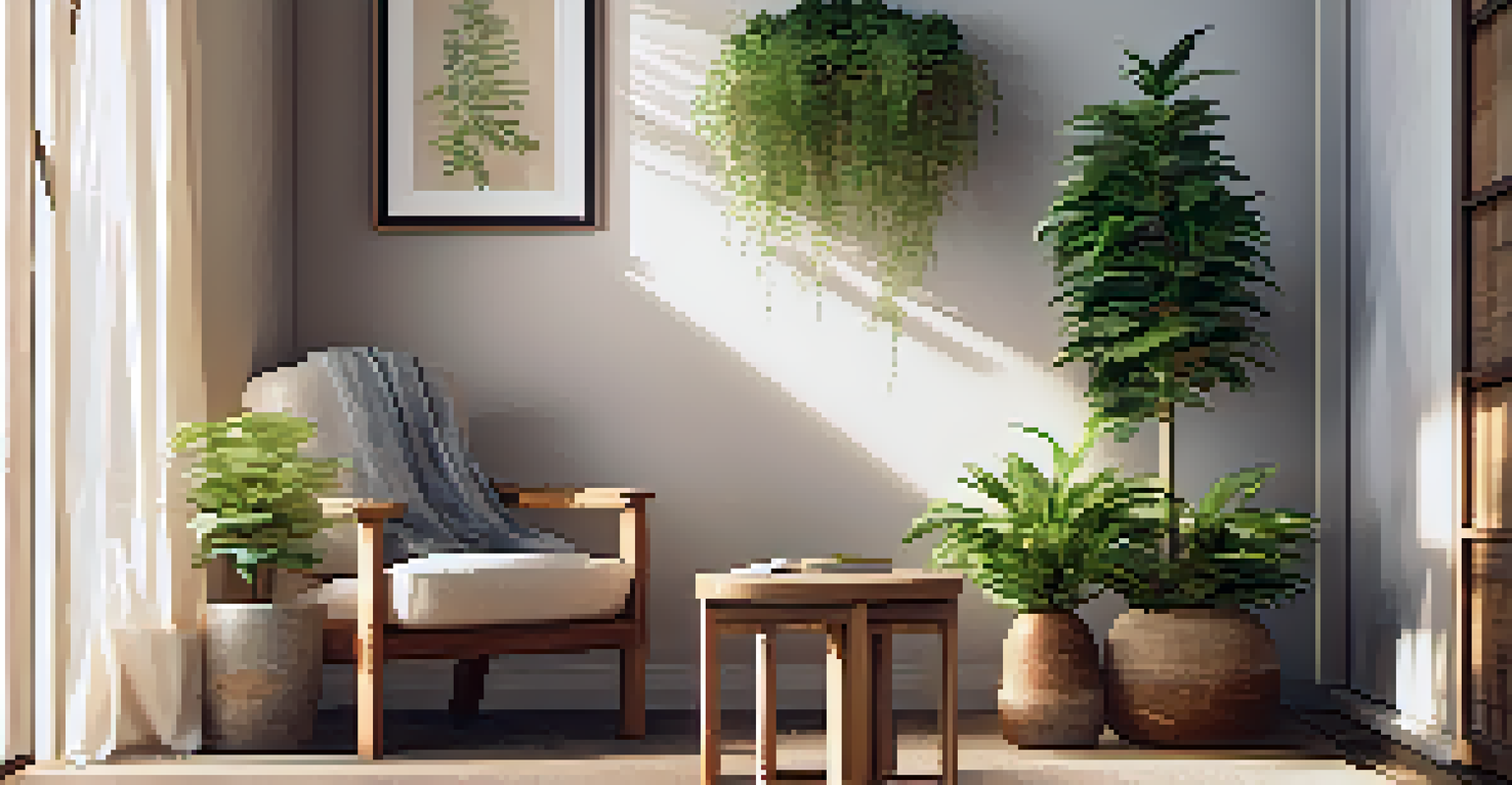 A serene nook with a wood side table, comfortable chair, potted plants, and sunlight filtering through sheer curtains.