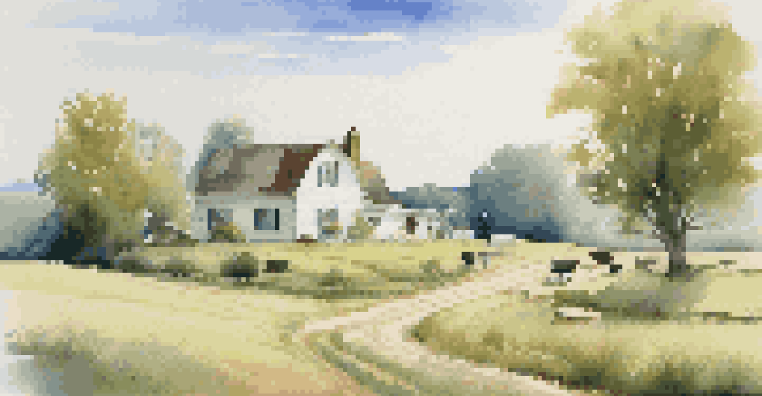 A tranquil rural scene with a farmhouse, green fields, and grazing animals under a blue sky.