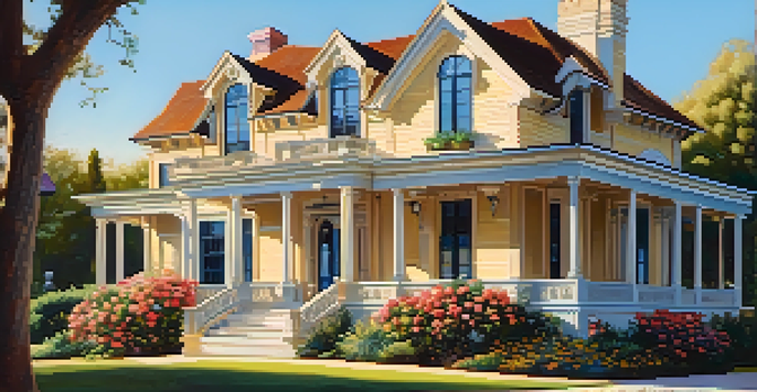 A historic home restored with modern design elements in a vibrant garden with flowers.