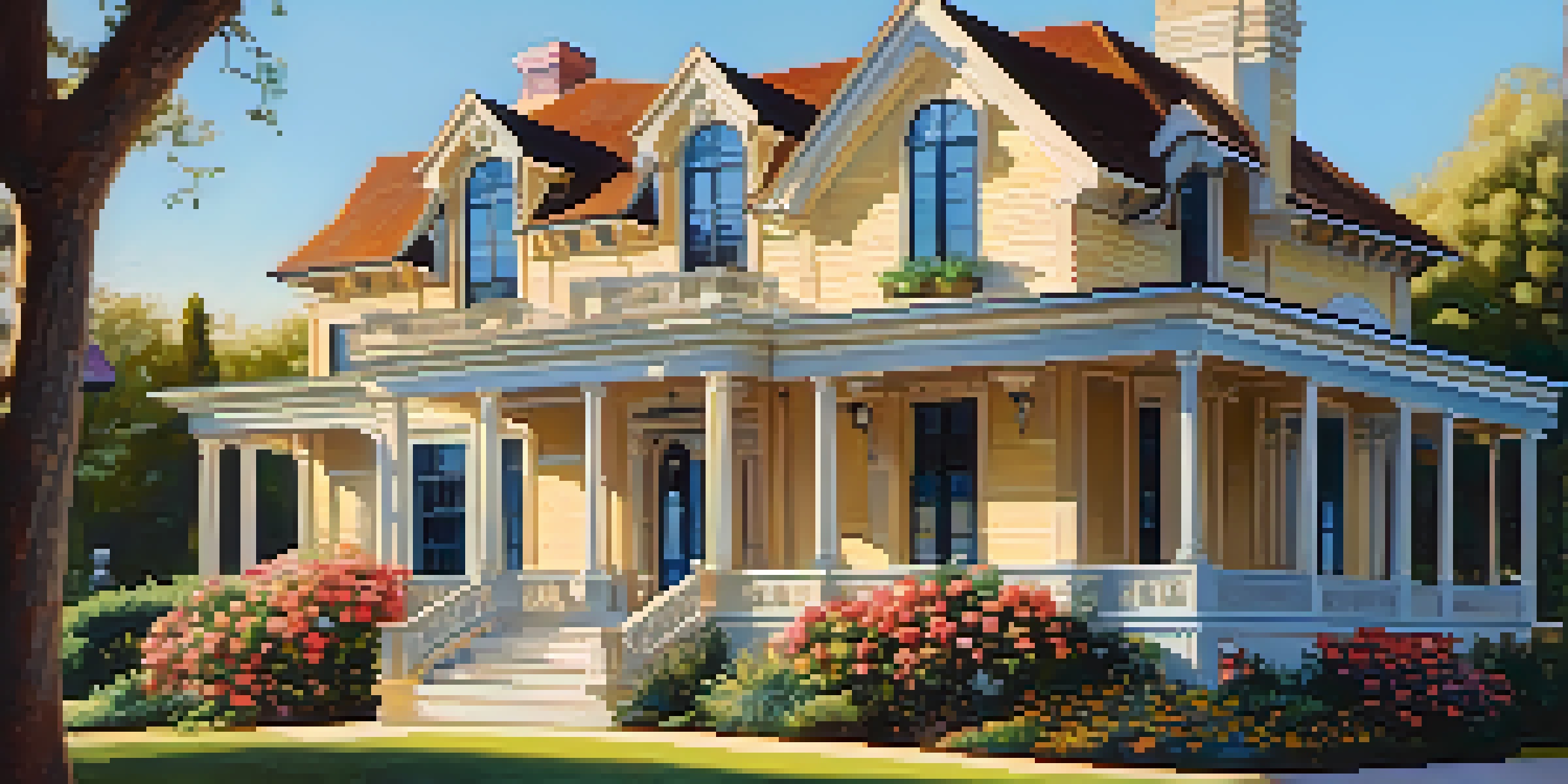 A historic home restored with modern design elements in a vibrant garden with flowers.