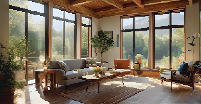 A bright and inviting living room with large windows, natural materials, and plants, showcasing passive solar design principles.