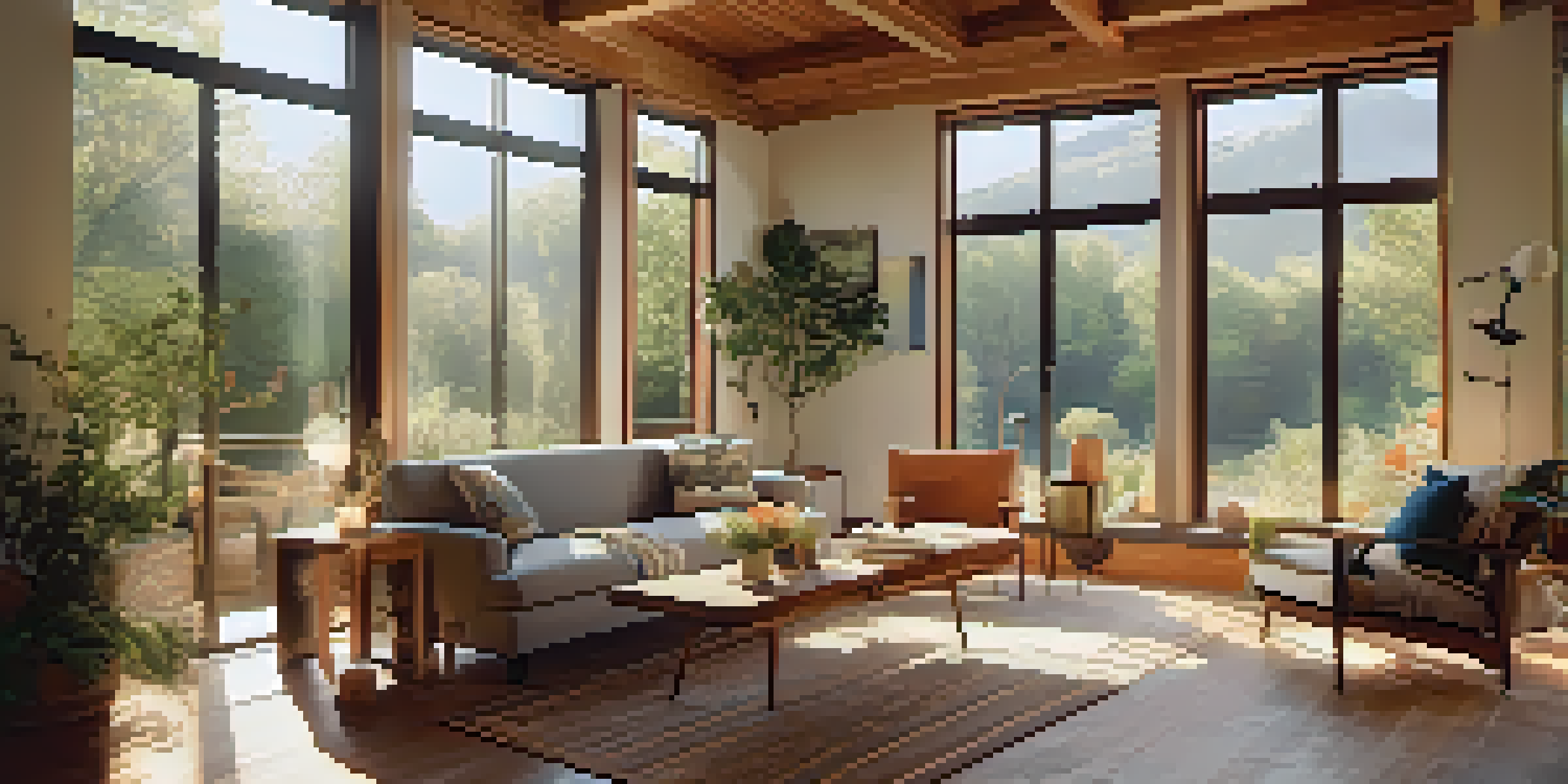A bright and inviting living room with large windows, natural materials, and plants, showcasing passive solar design principles.