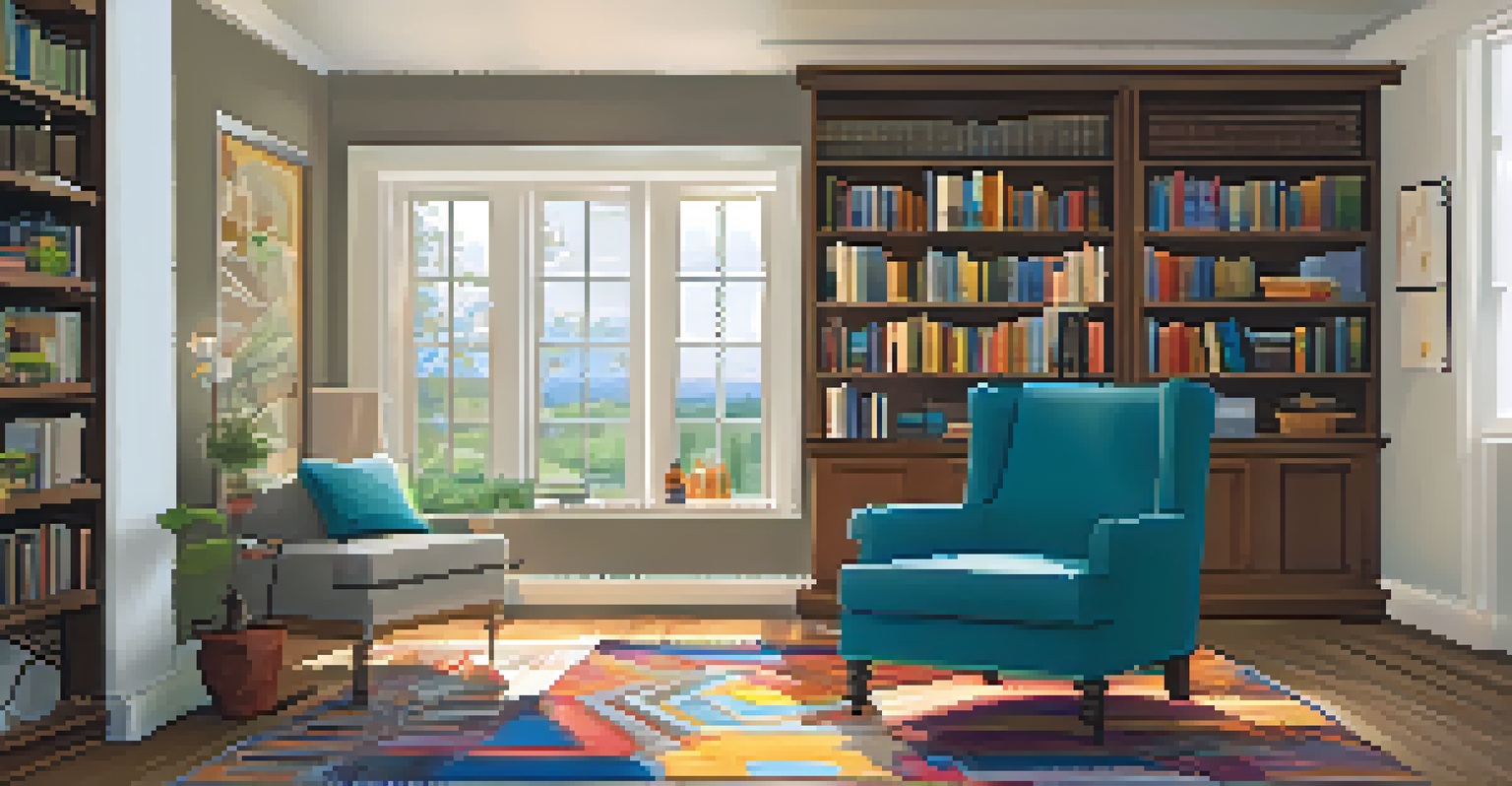 A cozy reading nook in an open floor plan with an armchair, a side table, and a warm floor lamp surrounded by bookshelves.