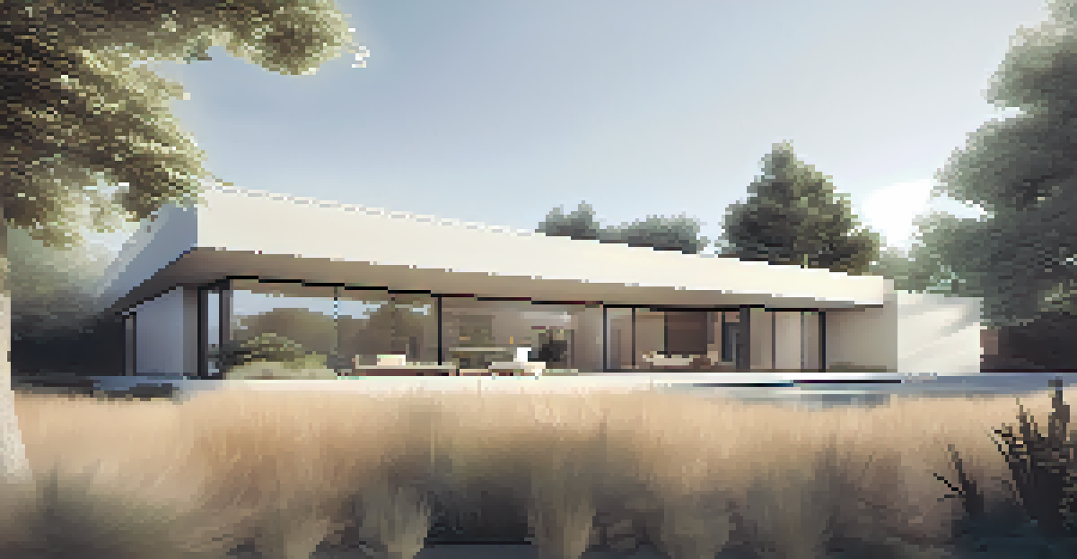 A modern minimalist home with large windows and simple landscaping, illuminated by soft sunlight.