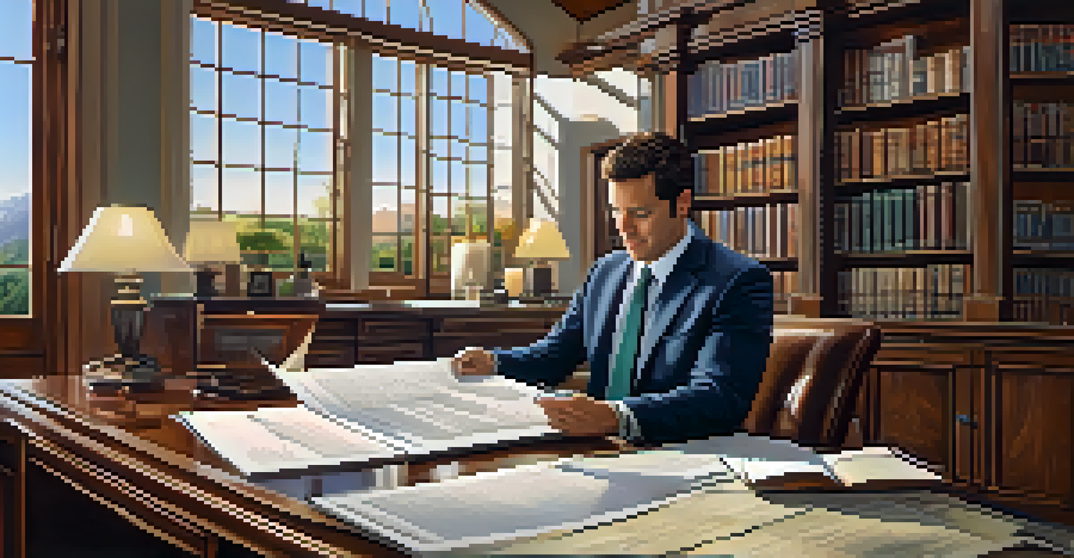 A real estate agent examining a property title document on a desk with a laptop and coffee cup, in a warm, inviting office space.
