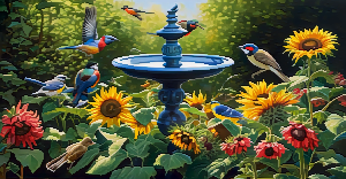 A colorful garden with various bird species feeding at feeders, a birdbath, and blooming native plants under soft sunlight.