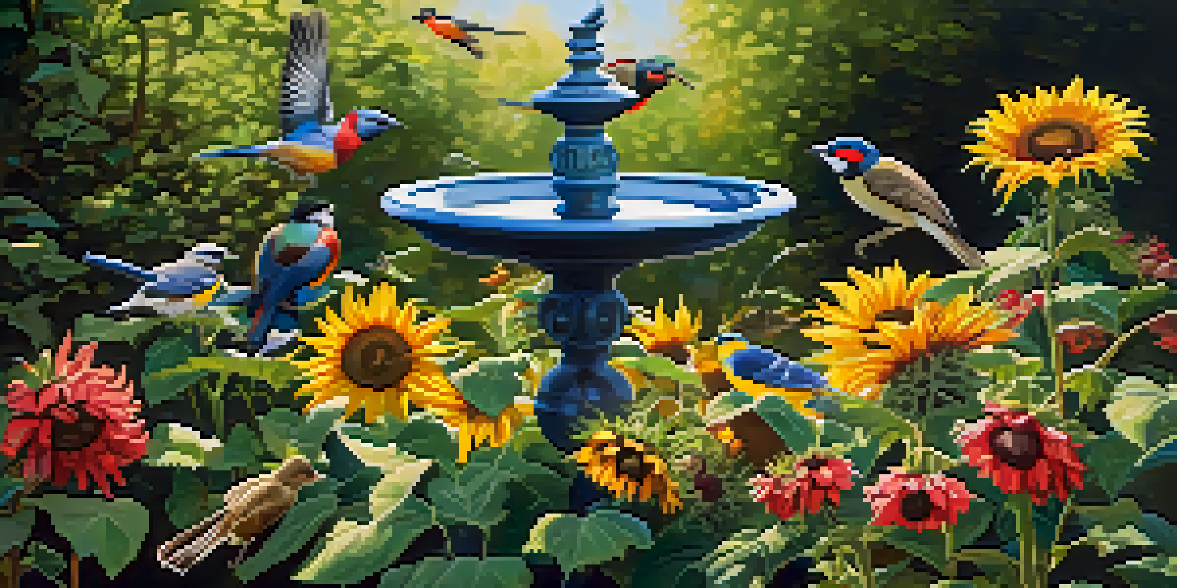 A colorful garden with various bird species feeding at feeders, a birdbath, and blooming native plants under soft sunlight.