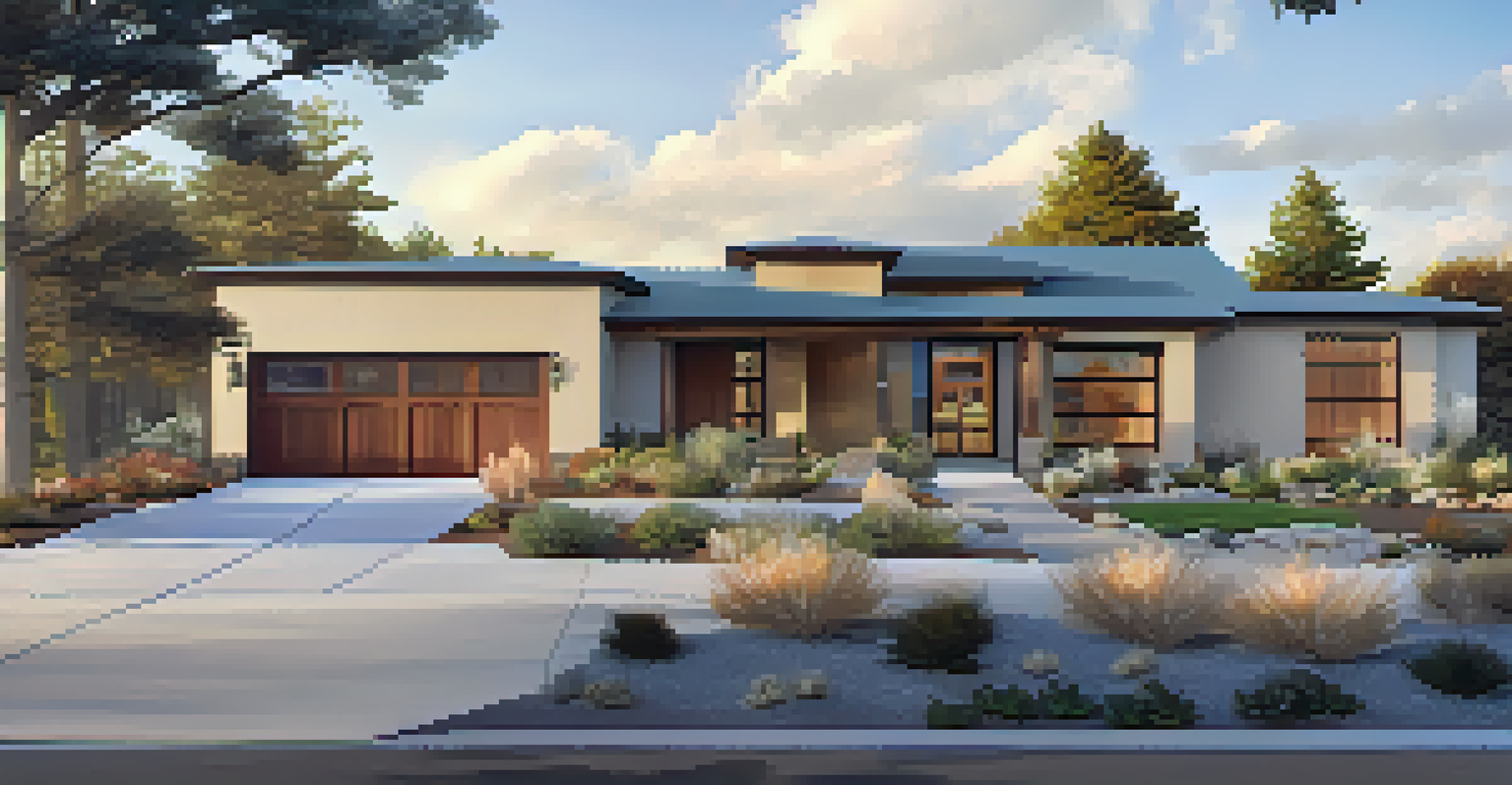 A modern home built with fire-resistant materials, surrounded by fire-safe gravel landscaping under a clear blue sky.