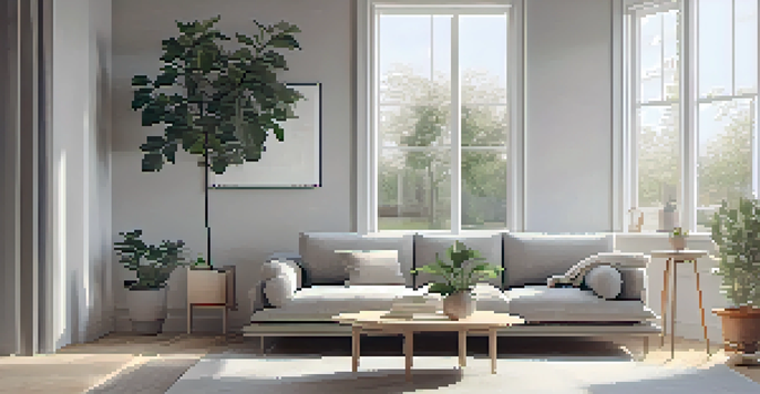 A minimalist living room with a large window, neutral colors, a comfy sofa, and potted plants.