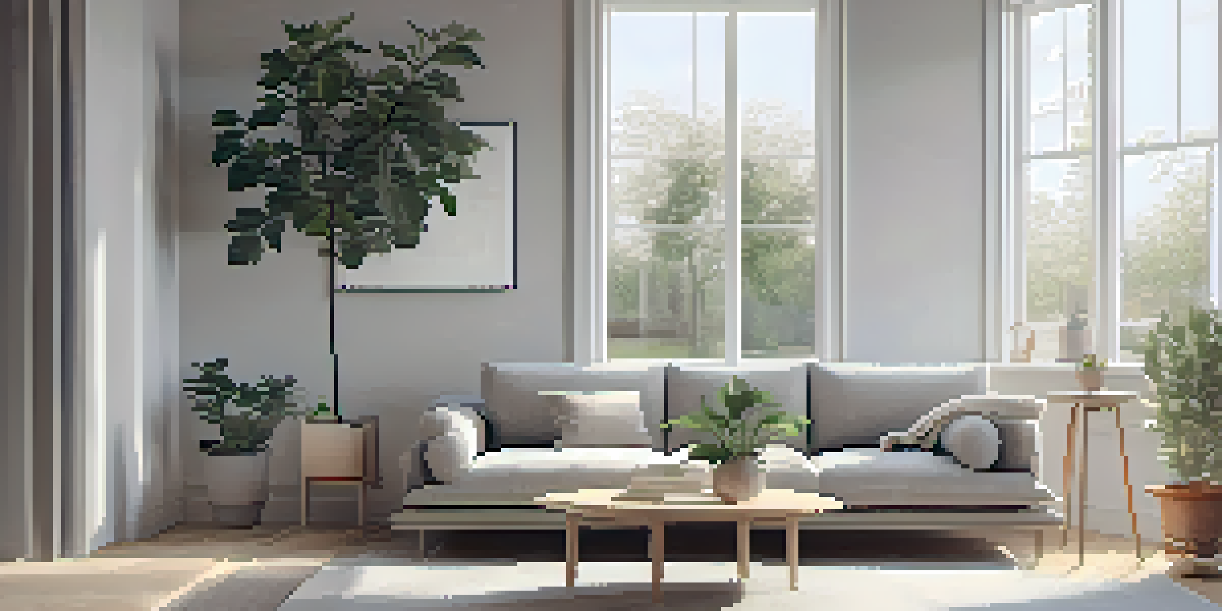 A minimalist living room with a large window, neutral colors, a comfy sofa, and potted plants.