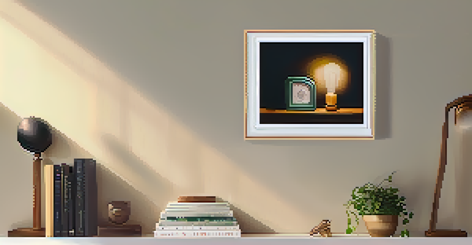 A spirit level on a freshly painted shelf in a cozy home workshop, with soft light and framed artwork in the background.