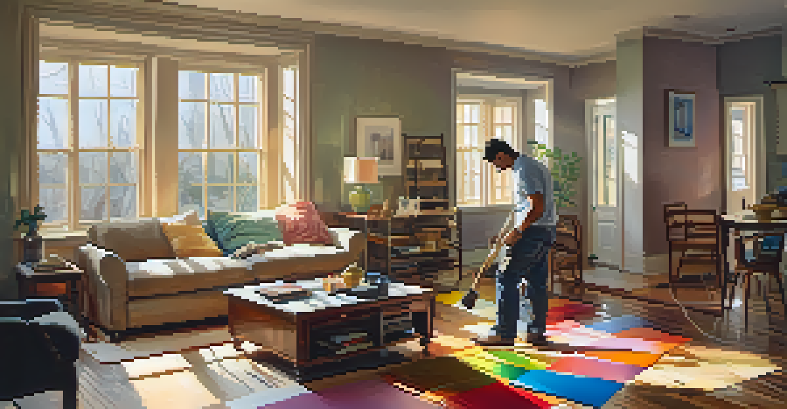 A contractor and homeowner discussing renovation plans in a cozy living room filled with paint swatches and sunlight.