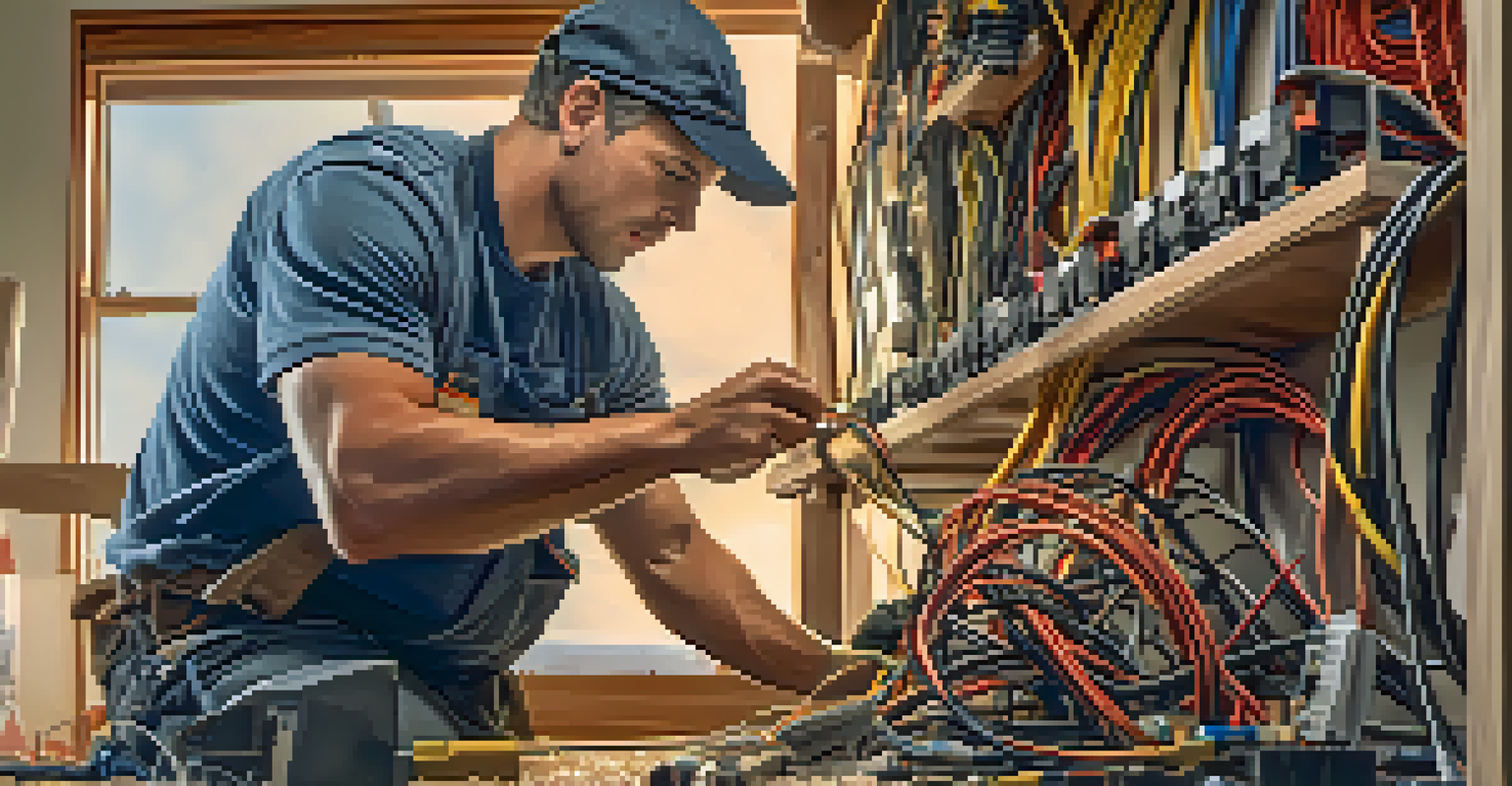 An electrician installing wiring in a modern home, with tools and electrical materials around.
