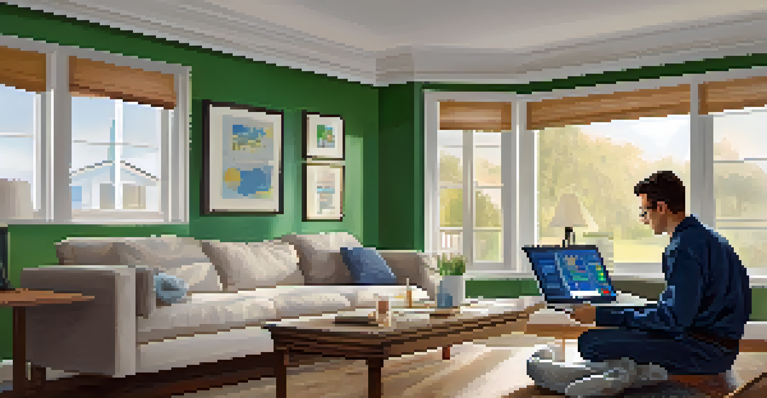 An energy auditor assessing insulation in a modern living room with a thermal camera and a laptop, under natural light.