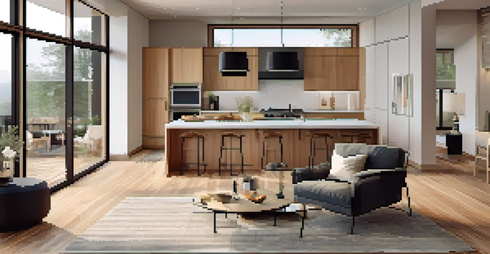 An open concept living area with a modern kitchen, dining area, and cozy living room filled with natural light and minimalistic decor.