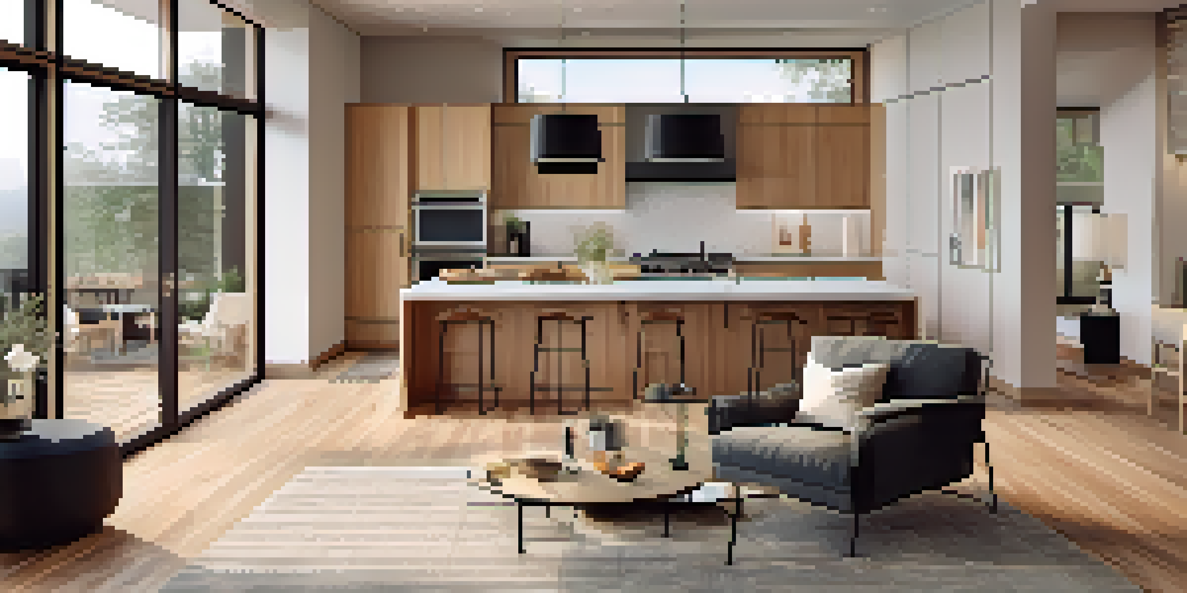 An open concept living area with a modern kitchen, dining area, and cozy living room filled with natural light and minimalistic decor.