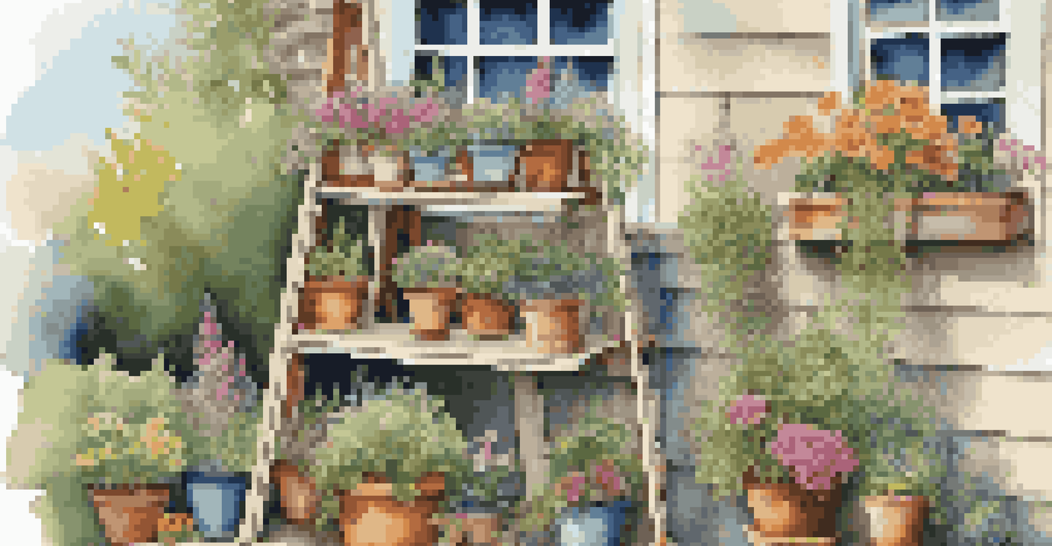 A vintage wooden ladder used as a plant display with potted plants in a sunny backyard.