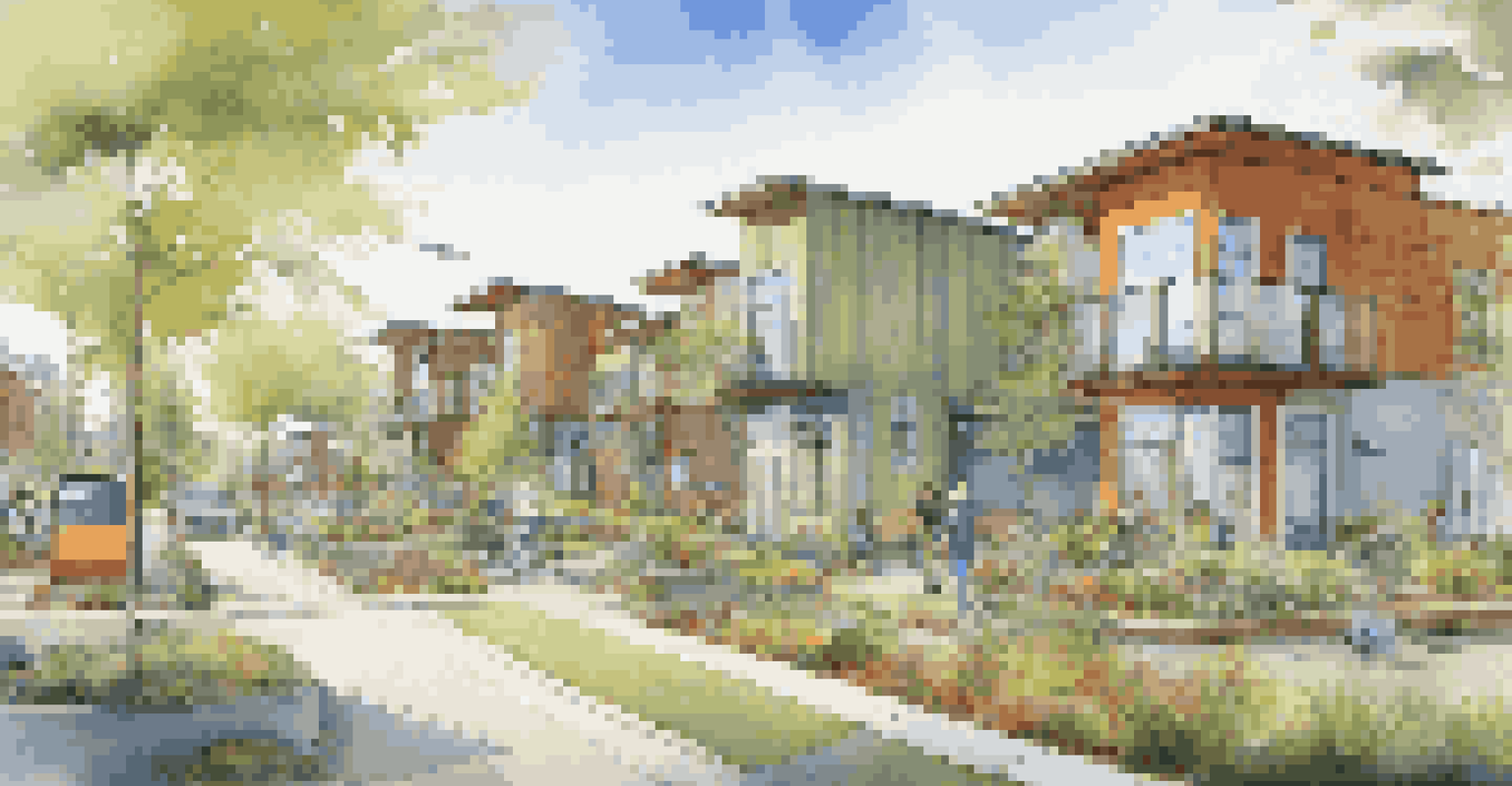 A vibrant neighborhood of sustainable homes with green features and community activities.