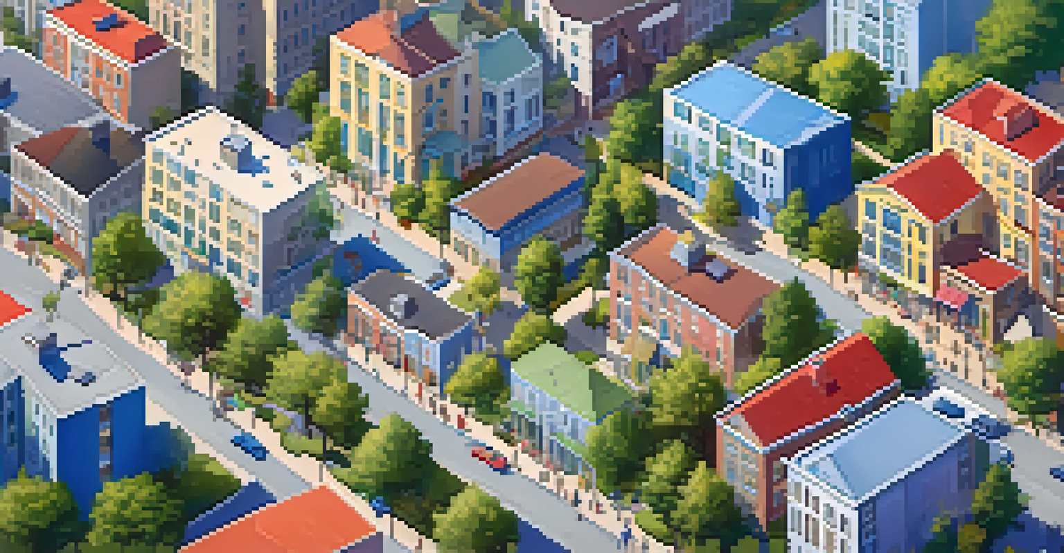 An aerial view of a diverse urban neighborhood featuring residential buildings, parks, and colorful murals, highlighting community engagement.