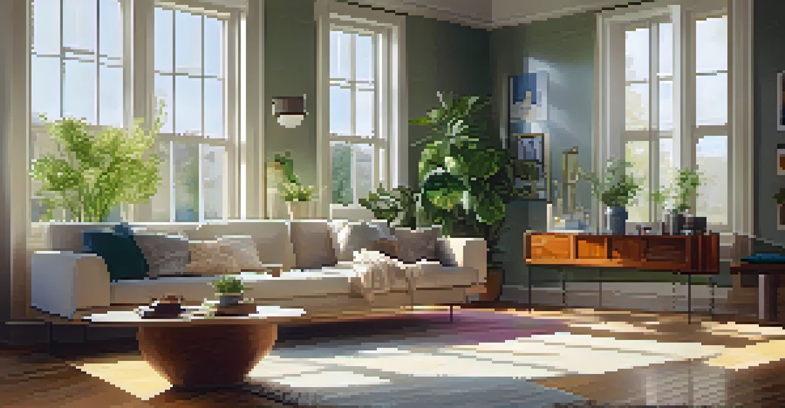 A bright living room filled with natural sunlight, featuring large windows and a cozy sofa.