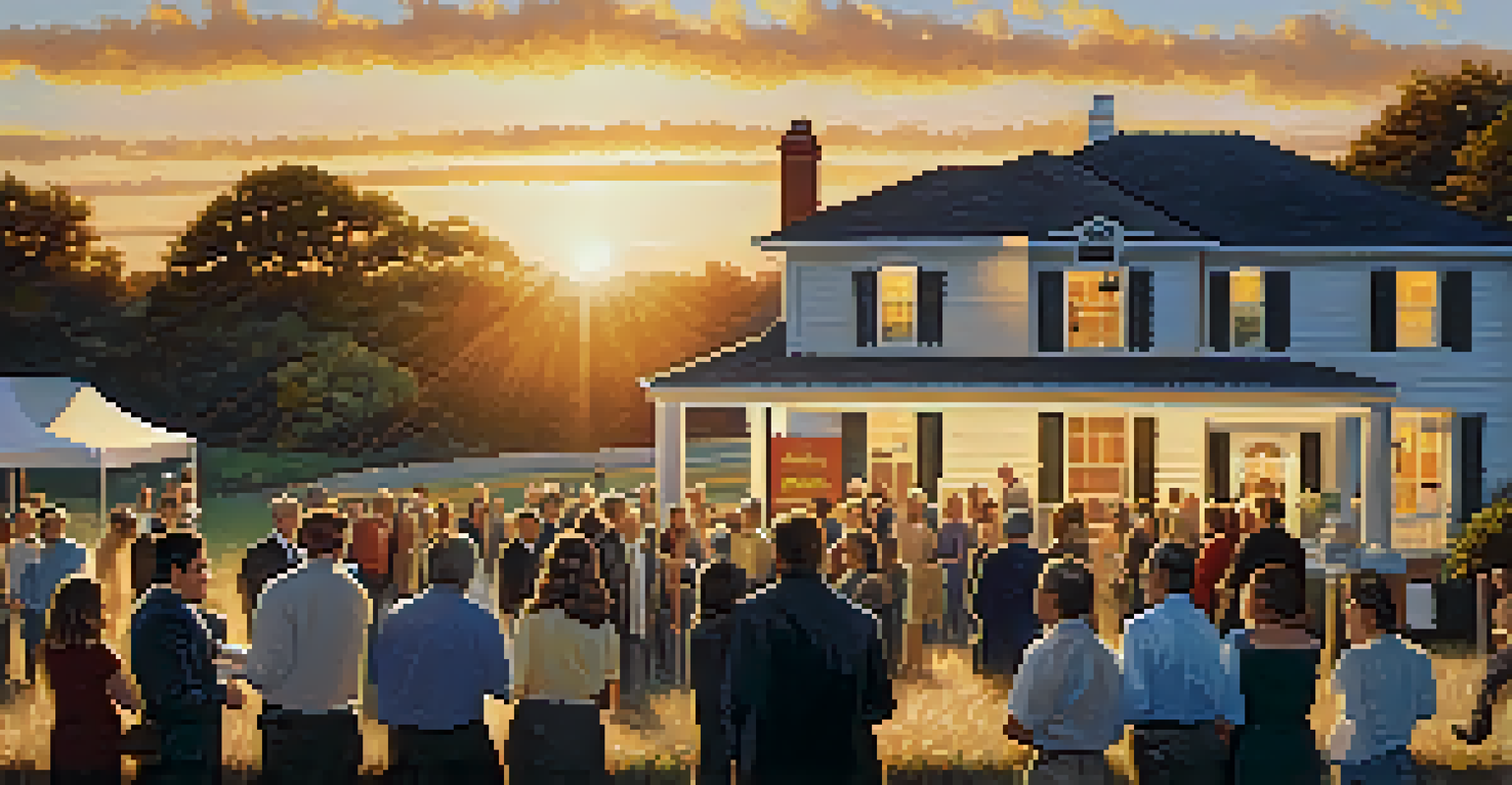 A lively outdoor foreclosure auction with a crowd of people gathered around a podium and a house in the background.