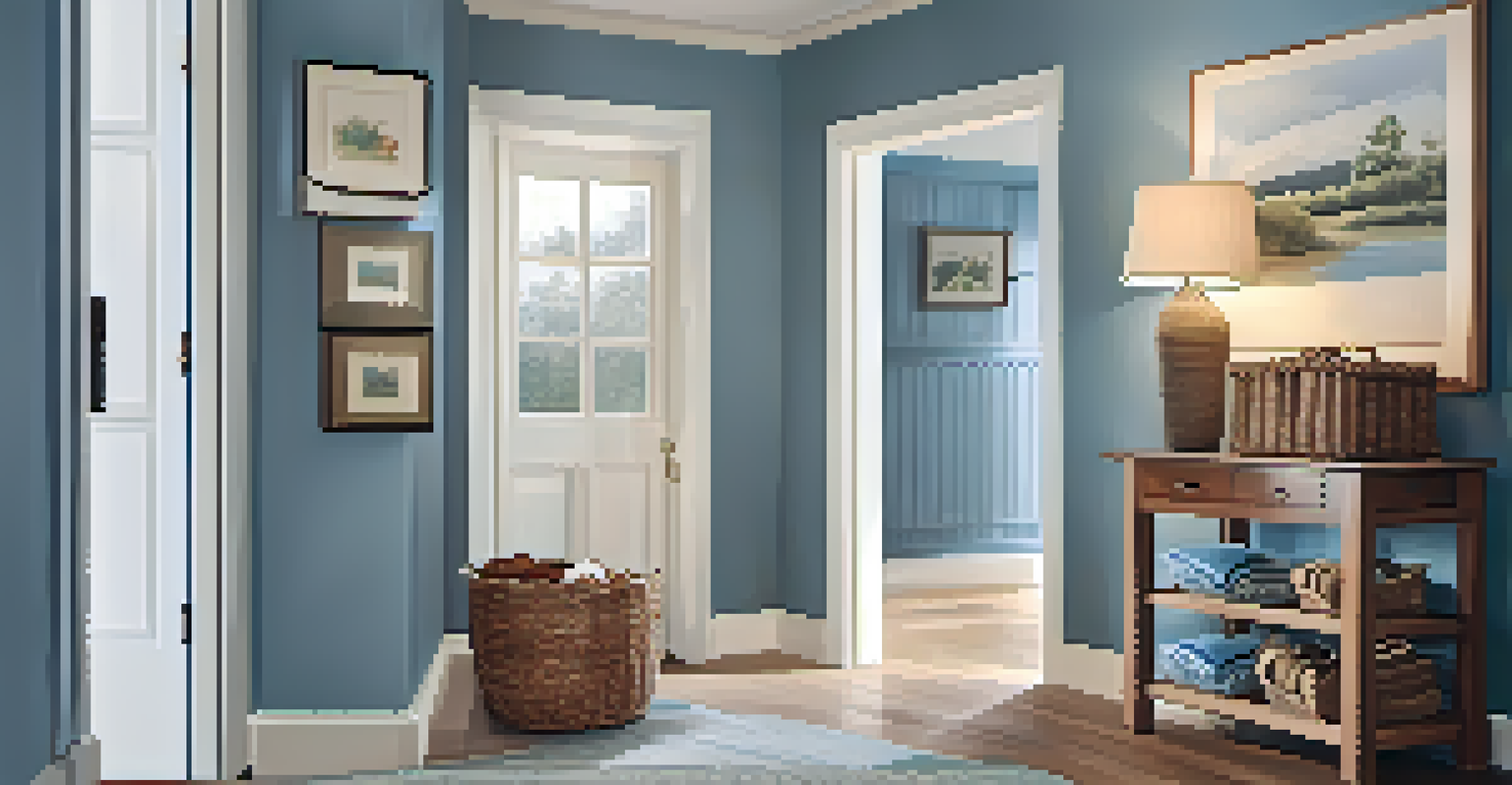A cozy entryway with eggshell finish soft blue walls, framed artwork, a shoe rack, and a lantern.