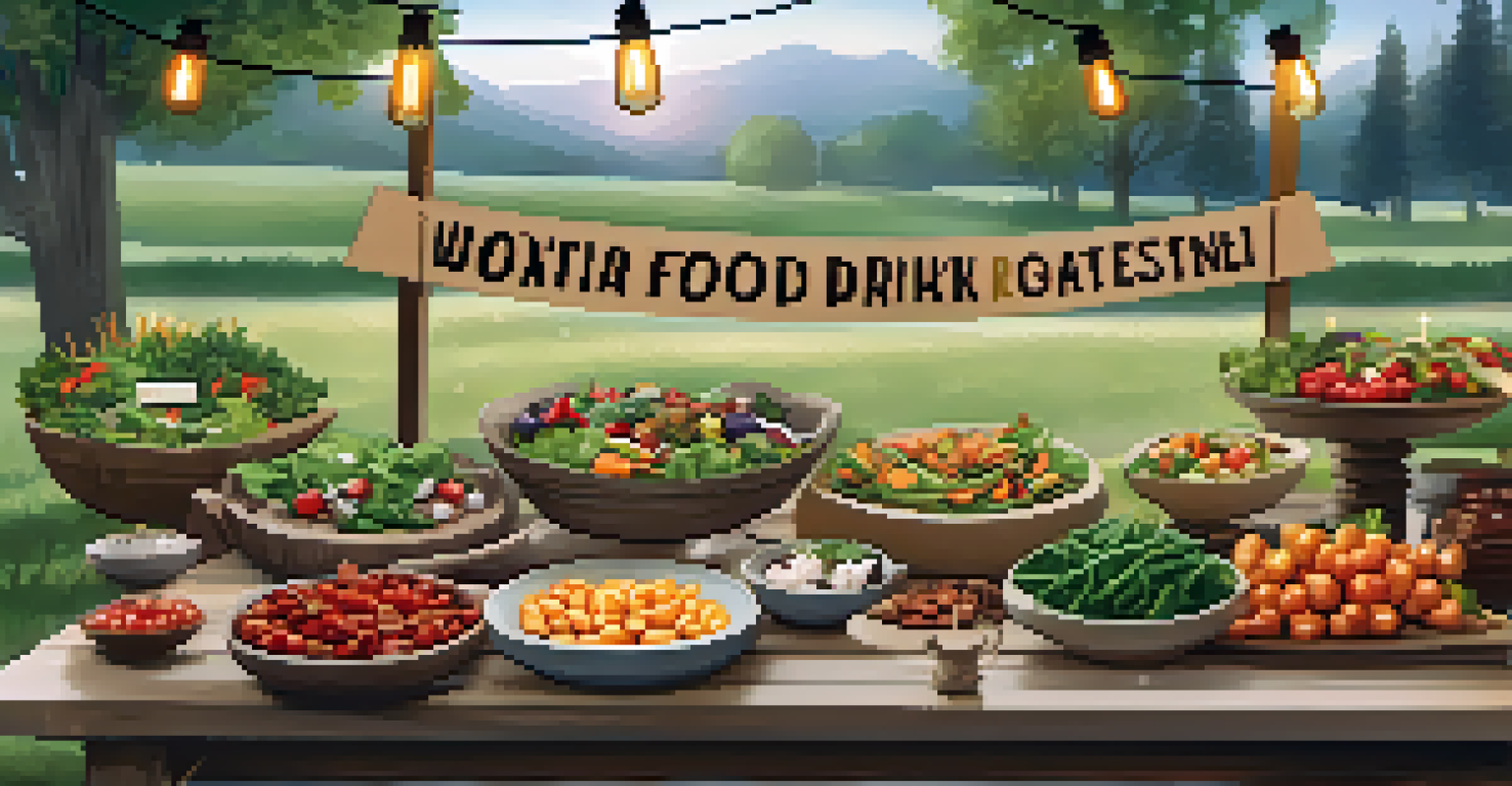 A charming outdoor food station with seasonal dishes on a wooden table, enhanced by decorative bowls and twinkling lights.