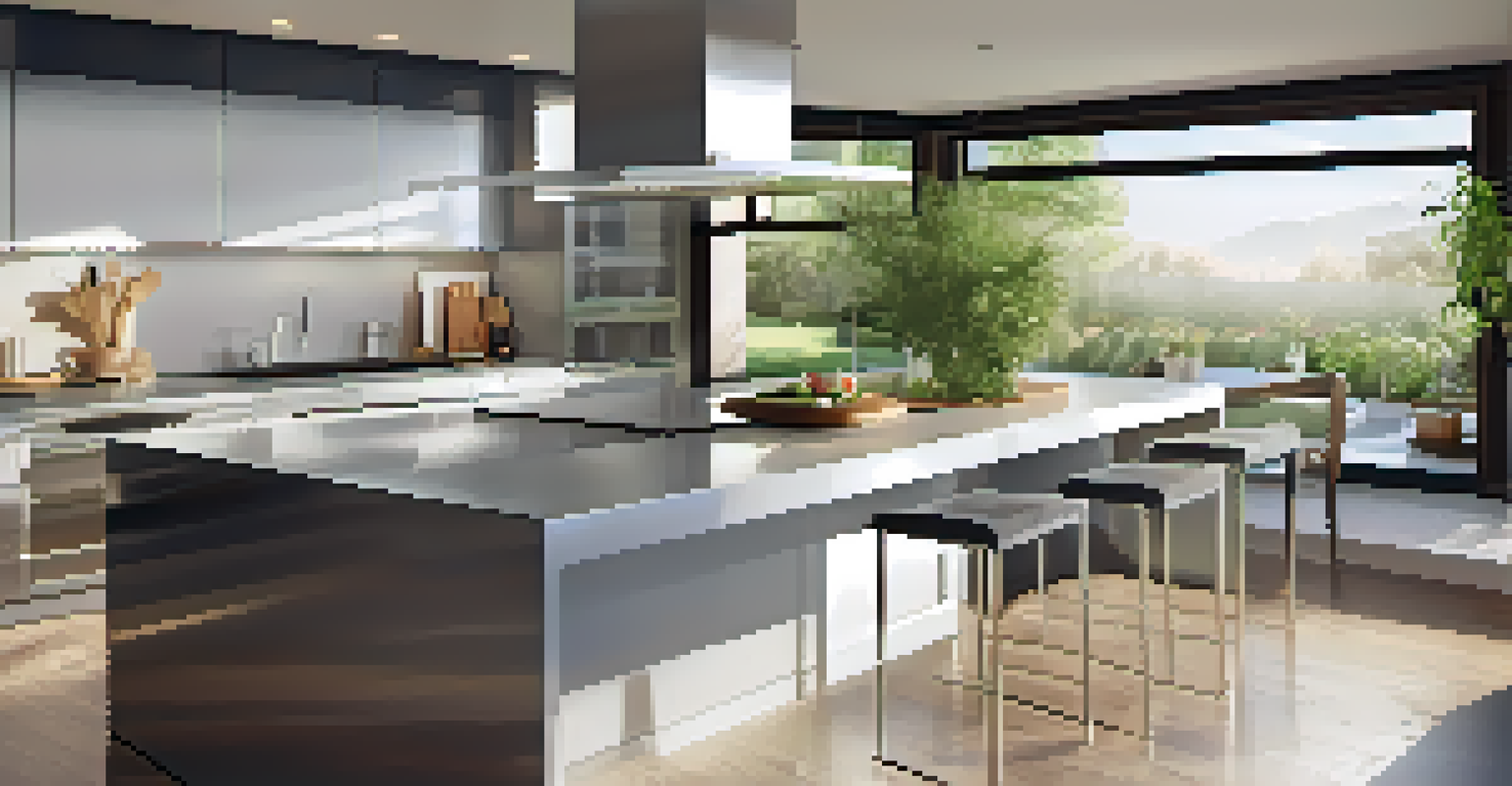 A modern kitchen featuring contemporary cabinetry, a central island, and stainless steel appliances, illuminated by sunlight.