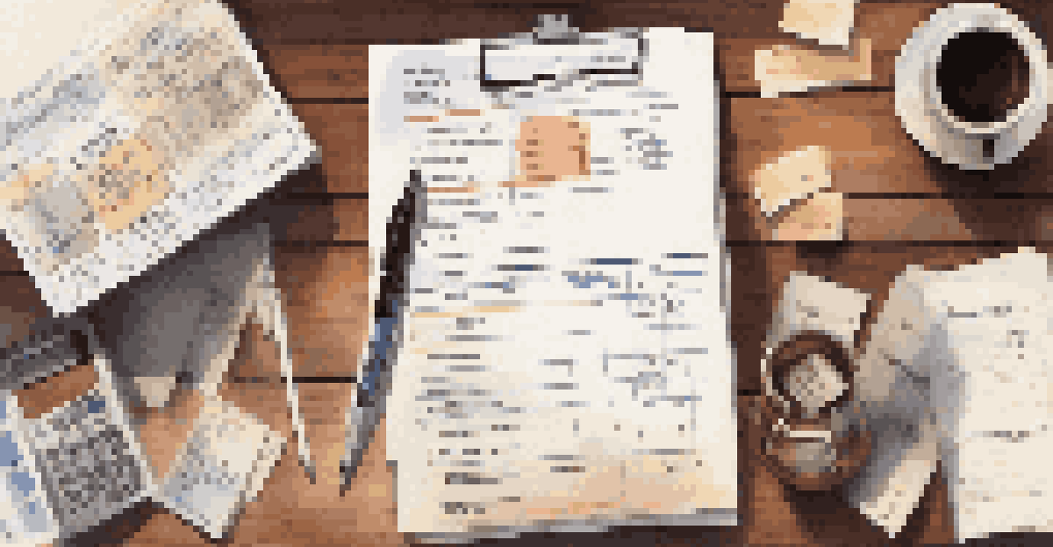 A workspace with tax documents, a calculator, and receipts on a wooden table, with warm lighting and a cup of coffee.