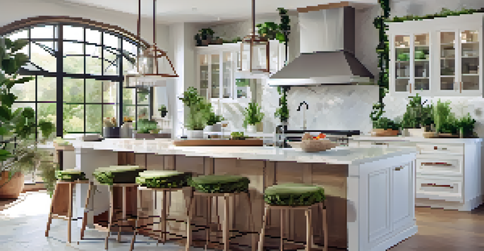 A modern kitchen with white cabinets, wooden accents, and large windows letting in sunlight, showcasing a spacious island with bar stools.