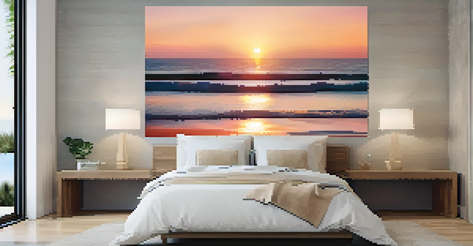A beautiful mural of a beach sunset in a minimalist bedroom, creating a calming and tranquil atmosphere.