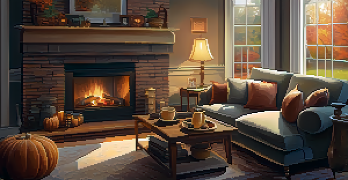 A warm and inviting living room with a fireplace, comfortable furniture, and autumn scenery visible through a window.