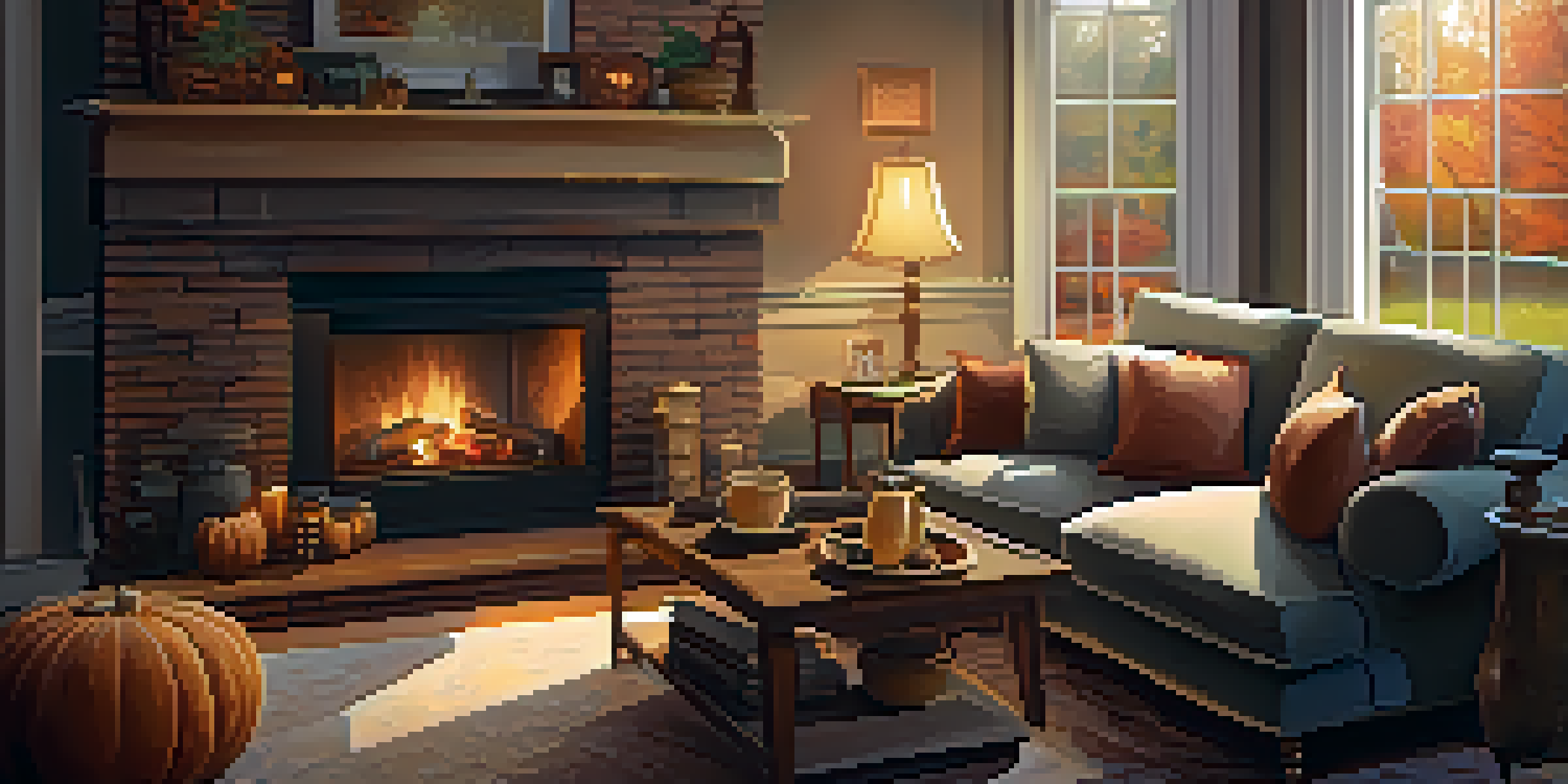 A warm and inviting living room with a fireplace, comfortable furniture, and autumn scenery visible through a window.